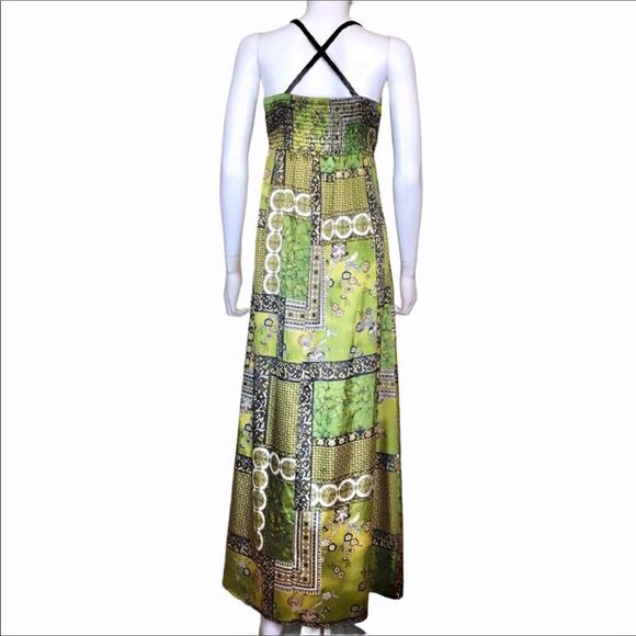 S-Twelve Satin Maxi Dress Green Gold Black Floral Print Braided V-neck - Picture 3 of 8
